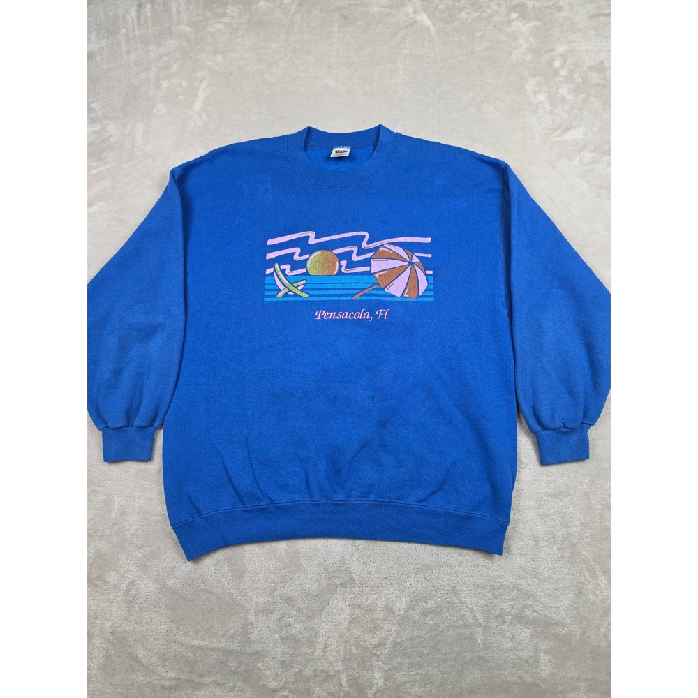 Vintage Trench Sweatshirt Womens XL Blue Pensacola FL Beach Graphic USA *Read